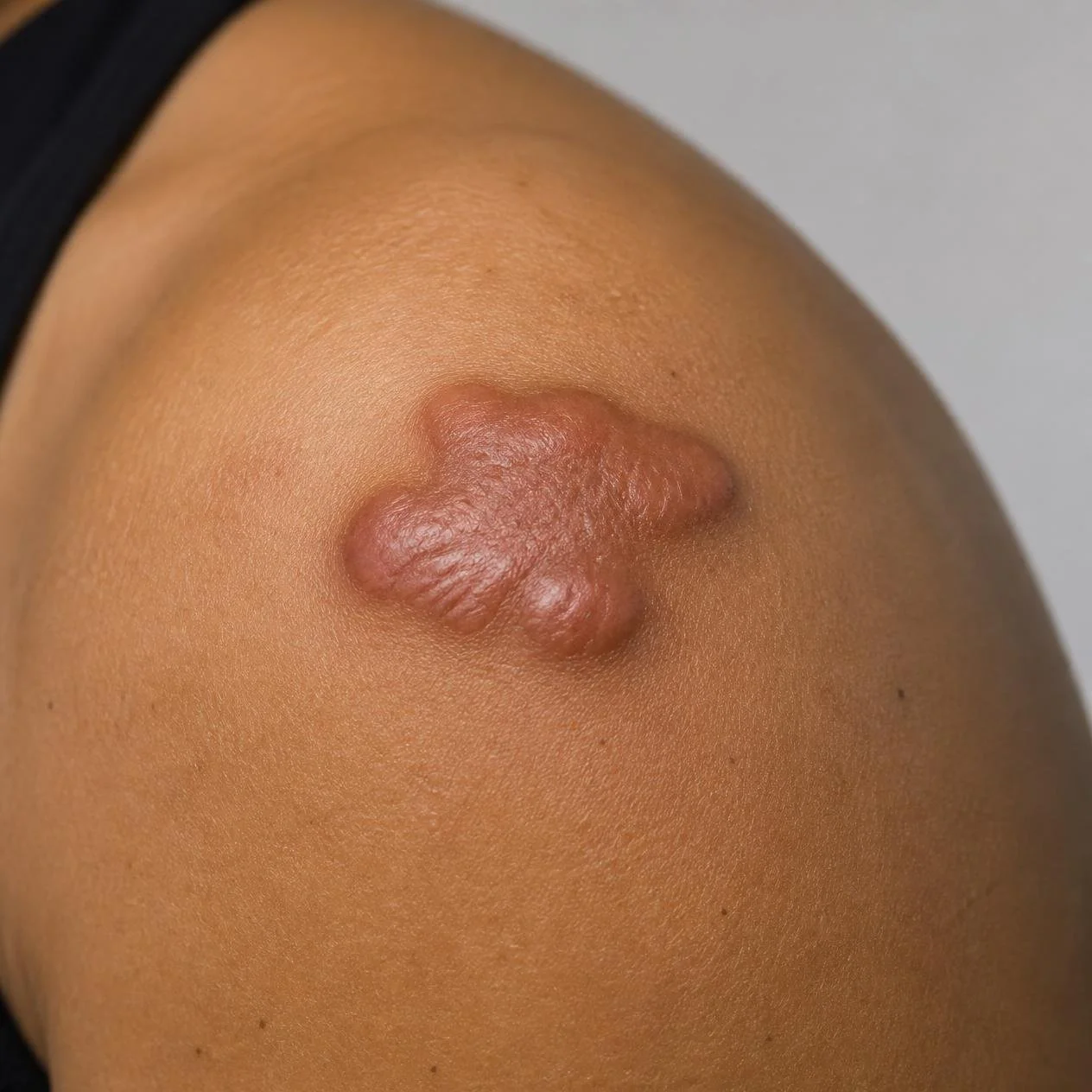 Keloid scar showing raised scar tissue extending beyond the original wound.