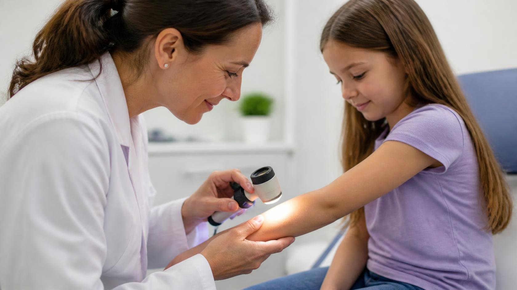 Dermatologist examining a child's skin as part of pediatric dermatology care.
