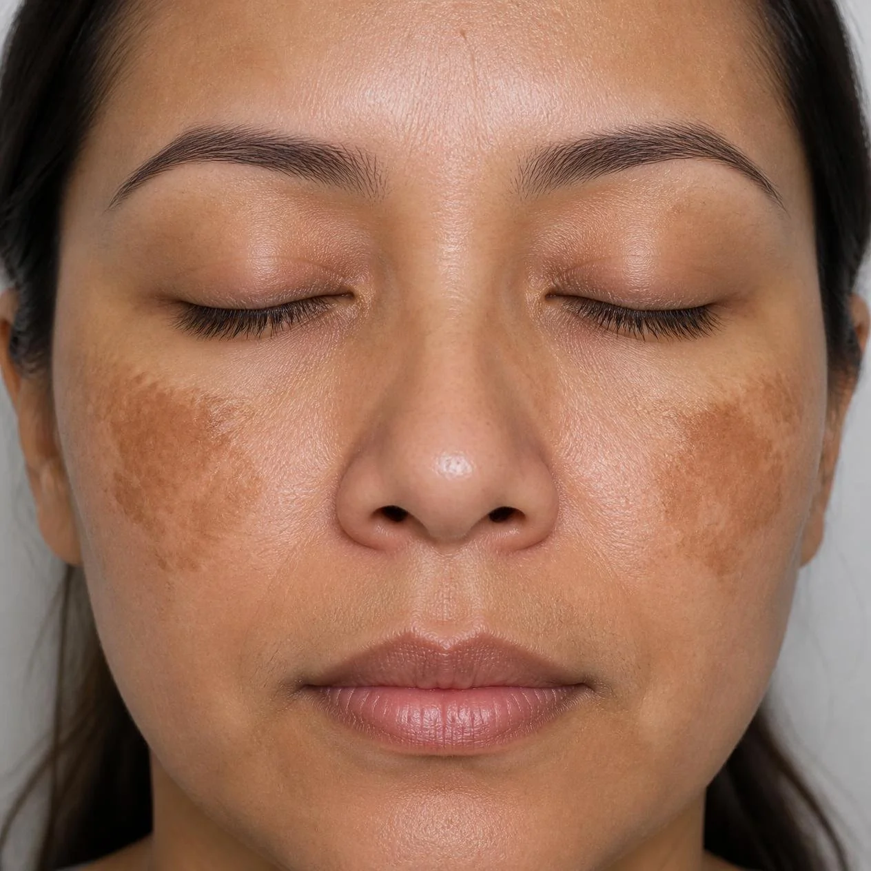 Melasma appearing as brown patches of pigmentation on the facial skin.