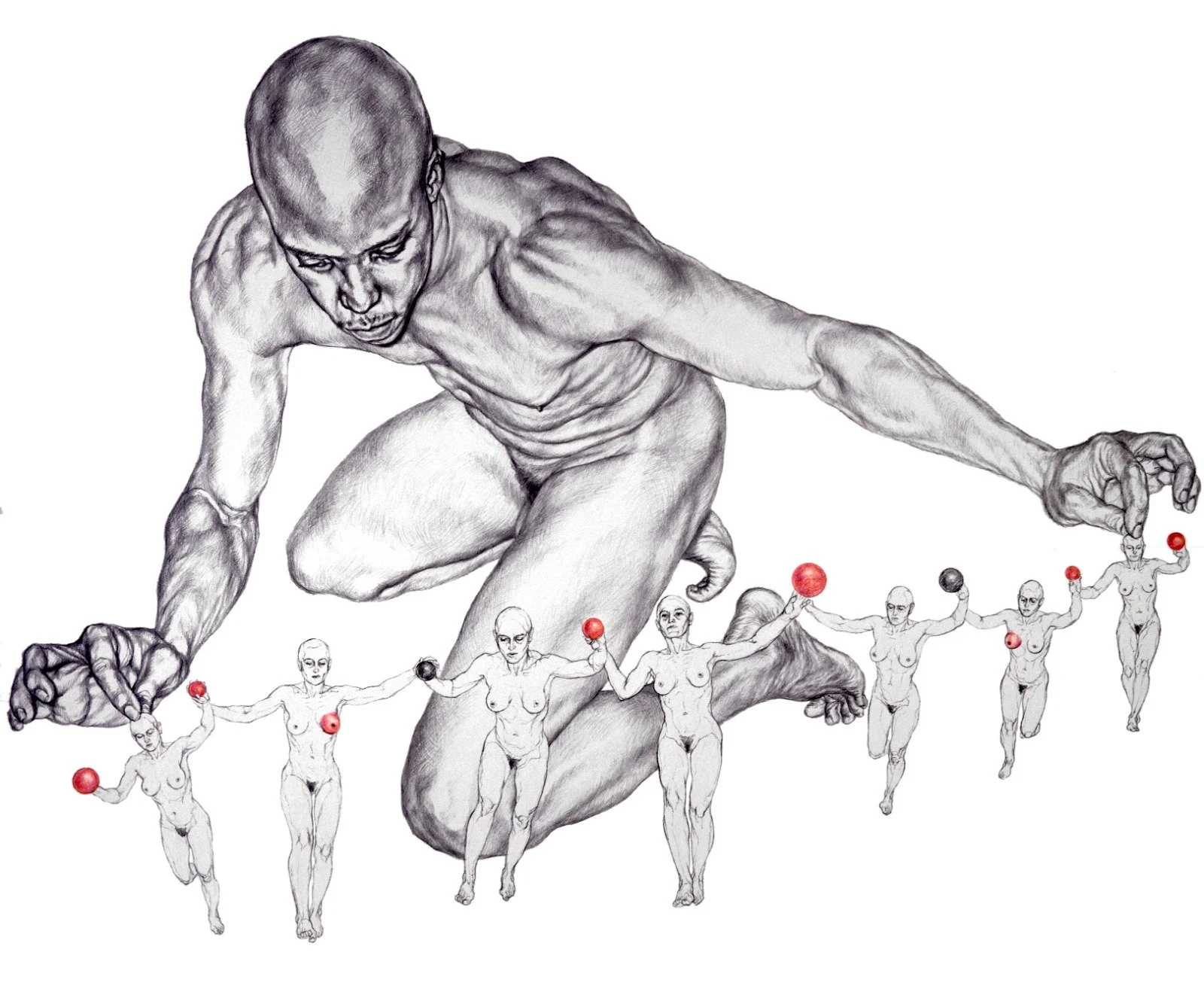 Paper Dolls Holding Hands, 2011 by Sol Kjøk  | Pencil and colored pencil on paper, 14” x 17” | Floated in white wooden frame, 19” x 22” 