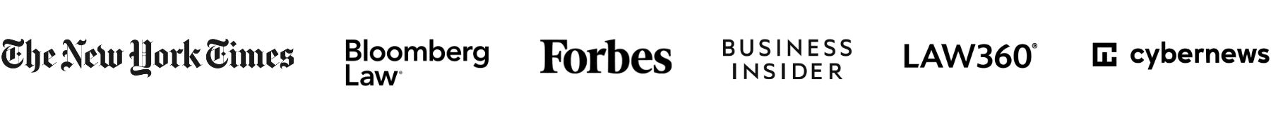 Media logos: The New York Times, Bloomberg Law, Forbes, Law360, Business Insider
