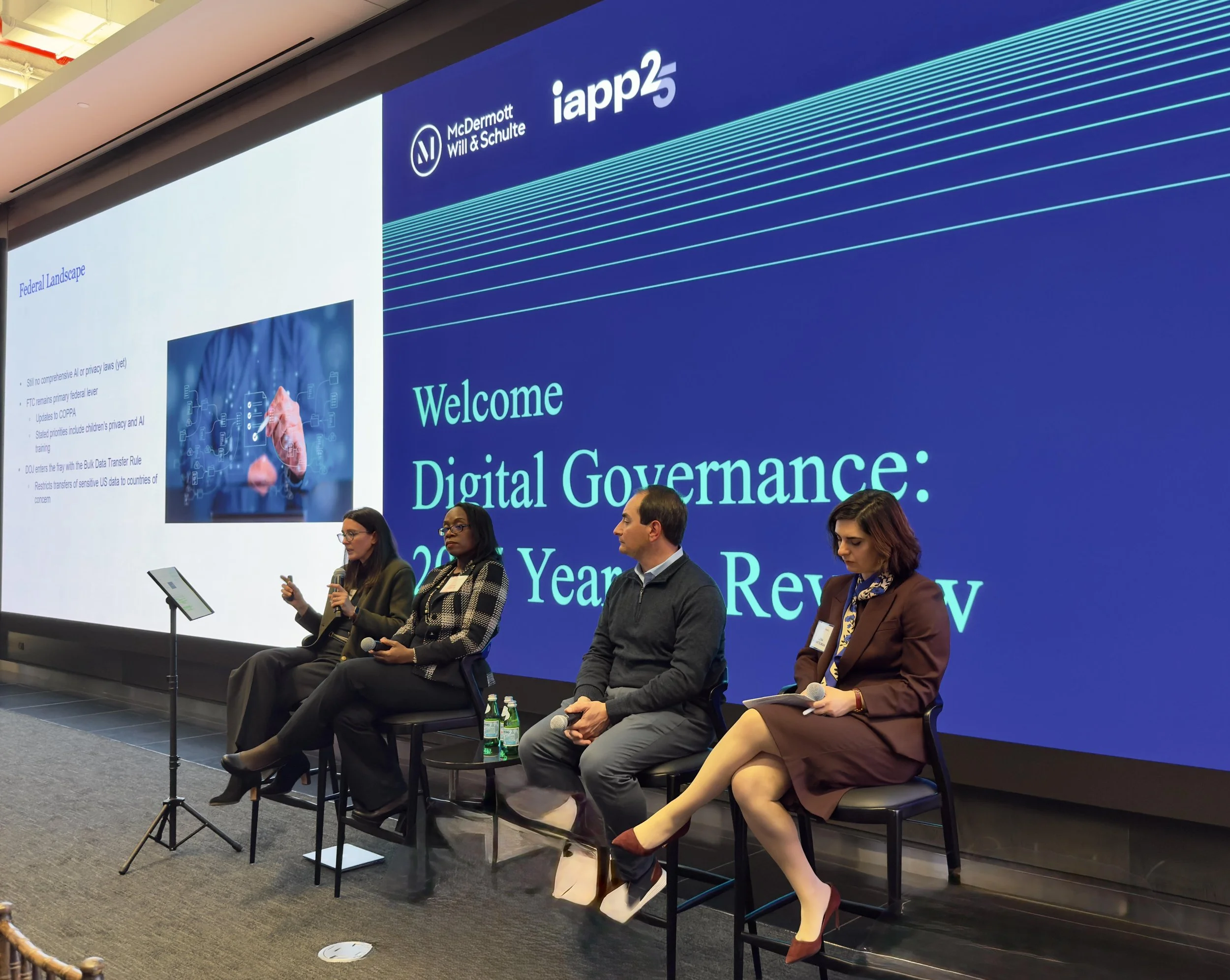 Four people seated in front of a large screen with the words "Welcome Digital Governance: 2025 Year in Review"