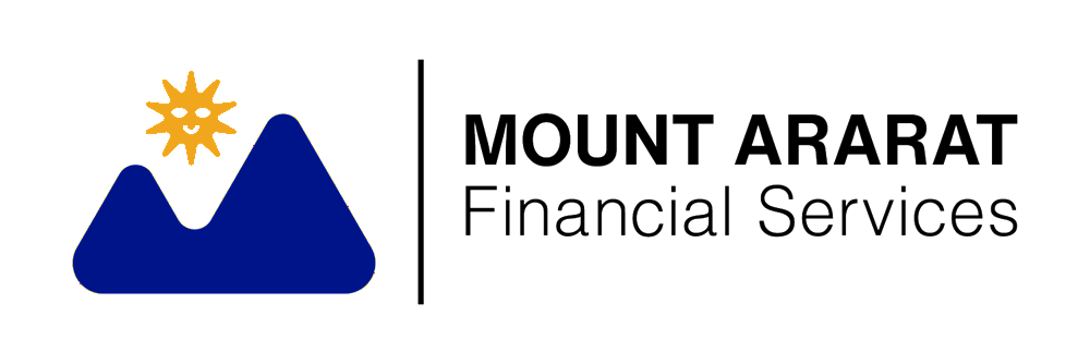 Logo for Mount Ararat Financial Services featuring a stylized mountain and sun icon with black text.