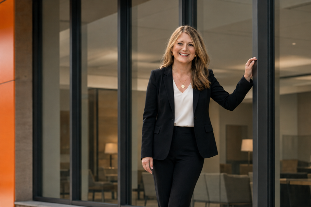A woman in a black suit and white blouse standing outside a glass building, smiling.