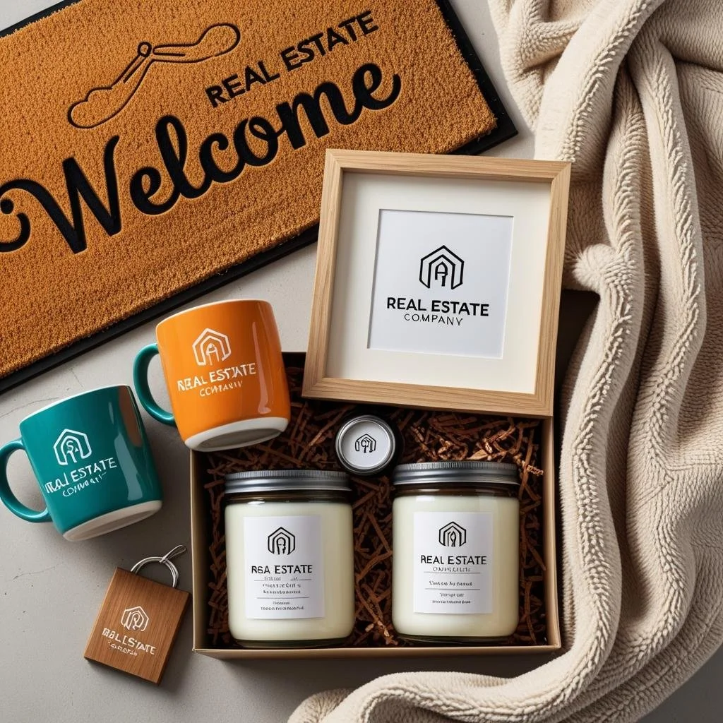 Real estate themed welcome gift set includes a doormat, framed logo, two mugs, two candles, a small jar, a keychain, all with real estate branding, arranged on a white surface with a beige blanket.