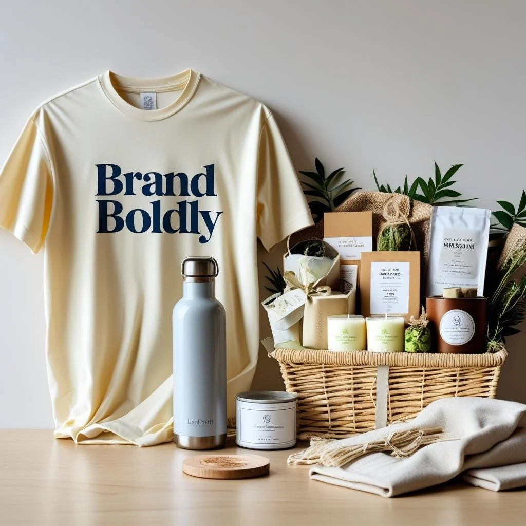 A cream-colored T-shirt with bold navy text reading 'Brand Boldly' hanging against a plain wall, surrounded by a gift basket filled with various packaged items, candles, a white insulated water bottle, a beige cloth, and green foliage.
