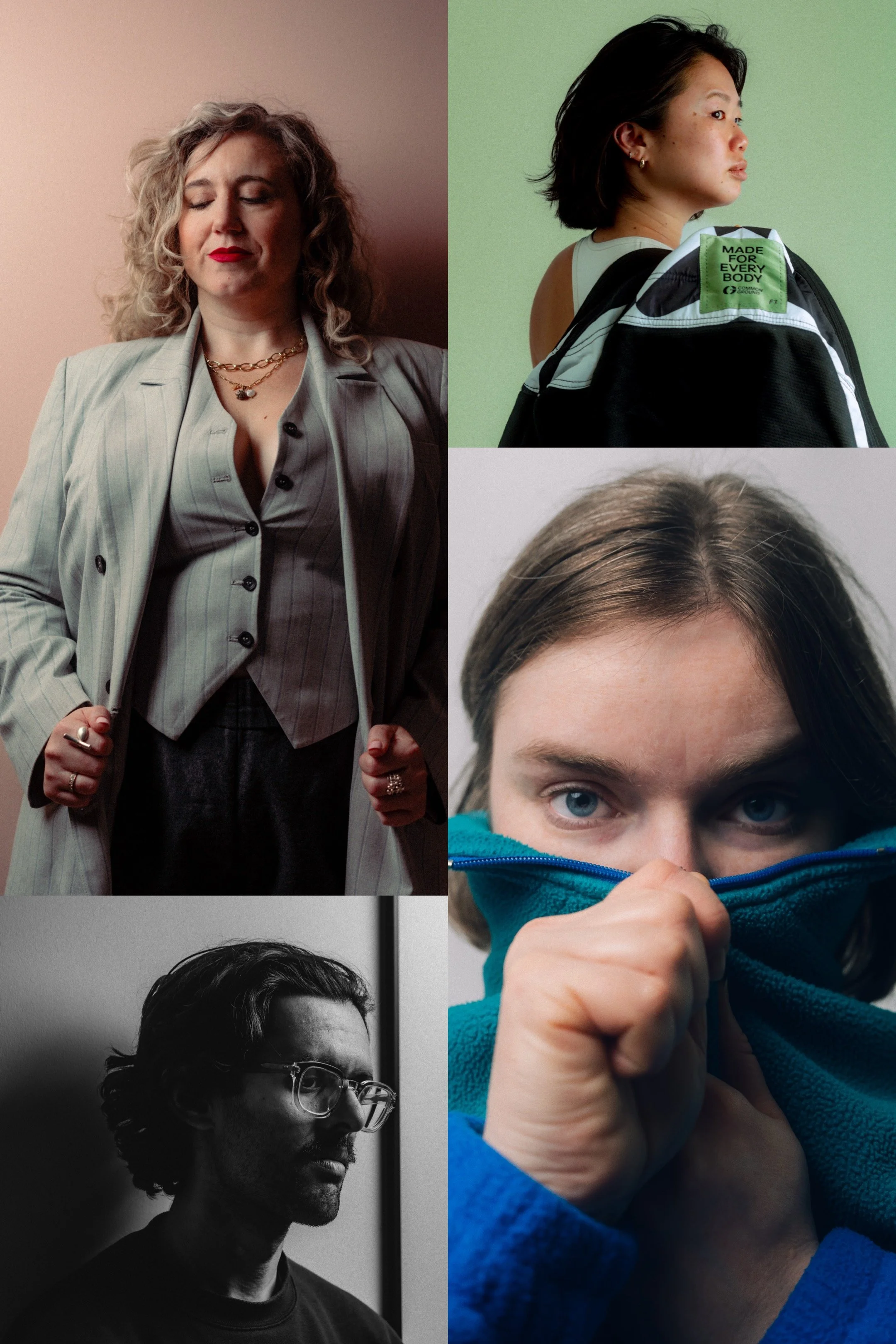 Collage of four portrait photos featuring diverse individuals in different poses and settings.