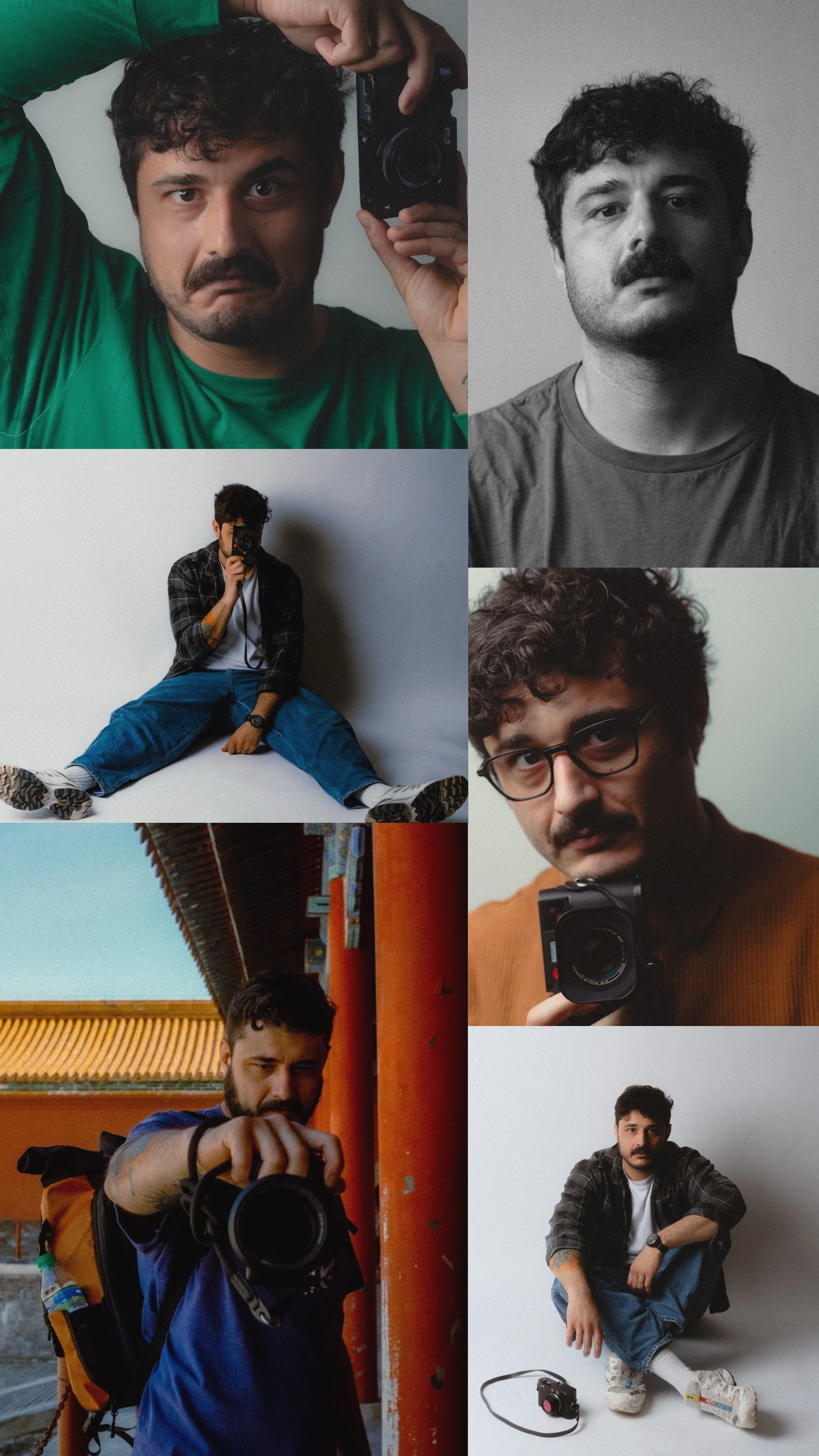 Collage of six images featuring a young man with dark curly hair and facial hair, taking photos with cameras in various settings, including indoors against plain backgrounds and outdoors near Asian architectural elements.