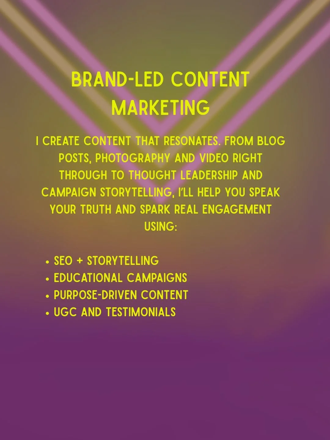 Pink and purple neon light design with text about brand-led content marketing, emphasizing storytelling, engagement, and strategies like SEO, educational campaigns, and testimonials.