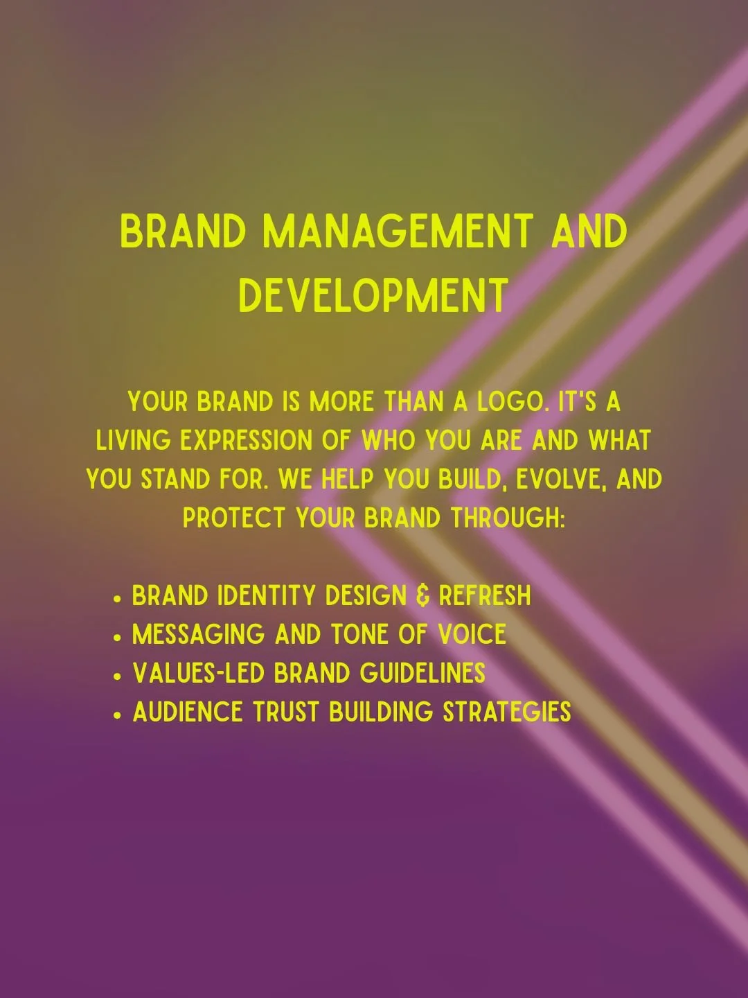 A presentation slide titled 'Brand Management and Development' with a background of colorful abstract lights and text in yellow. The slide emphasizes that a brand is more than a logo and describes ways to protect and build a brand, including brand identity design, messaging, brand guidelines, and trust-building strategies.