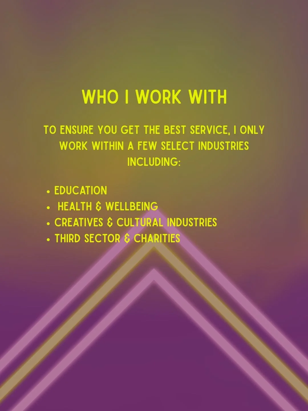 Text on a multicolored background listing industries including education, health and wellbeing, creative and cultural industries, and third sector and charities.