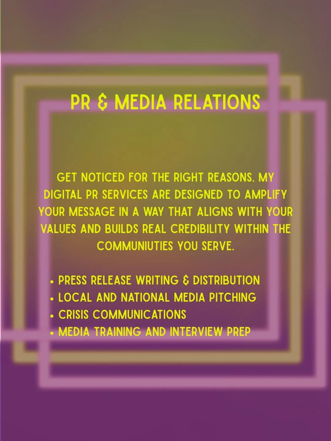 Promotional graphic for PR and media relations services with text about digital PR, media training, and crisis communications on a purple and pink geometric background.