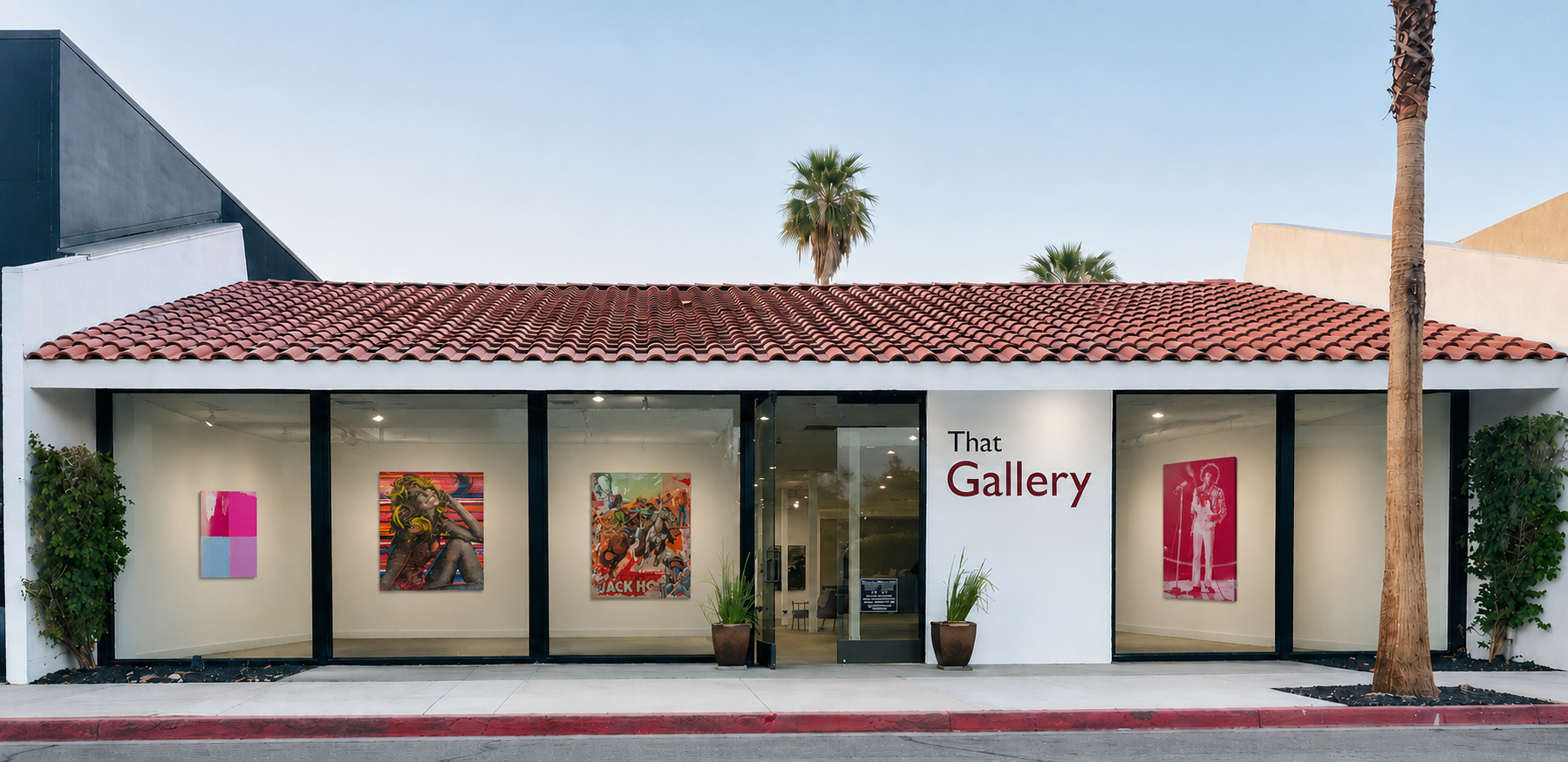 Exterior of an art gallery at night with a white facade, black framed glass doors, and red and black lettering that reads "That Gallery." Inside, there is artwork including a large portrait of a young man with a prize number, and a colorful abstract piece. There are small potted plants outside the entrance.