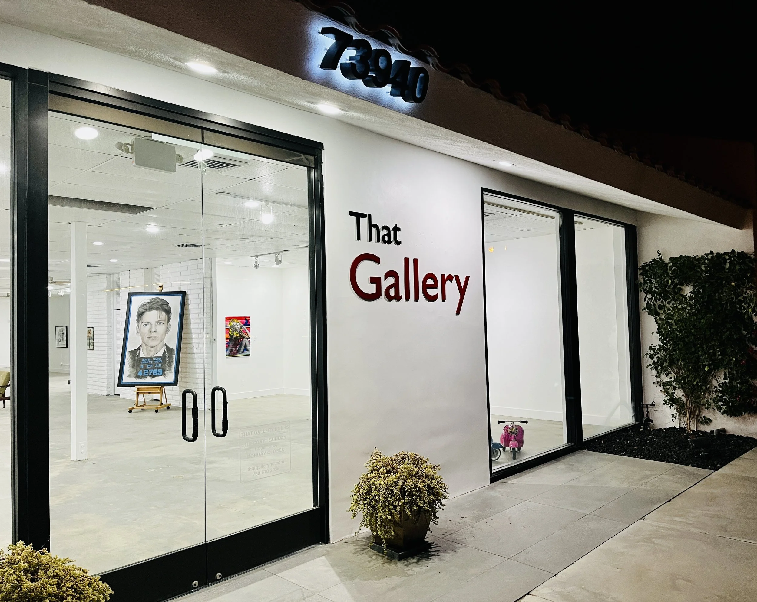 Exterior of an art gallery at night with a white facade, black framed glass doors, and red and black lettering that reads "That Gallery." Inside, there is artwork including a large portrait of a young man with a prize number, and a colorful abstract piece. There are small potted plants outside the entrance.