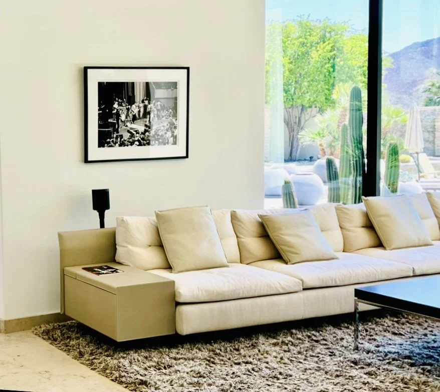 Modern living room with a beige sofa, a black and white framed photograph on the wall, a black table lamp, a black coffee table, and large windows showing outdoor greenery with cacti and trees.