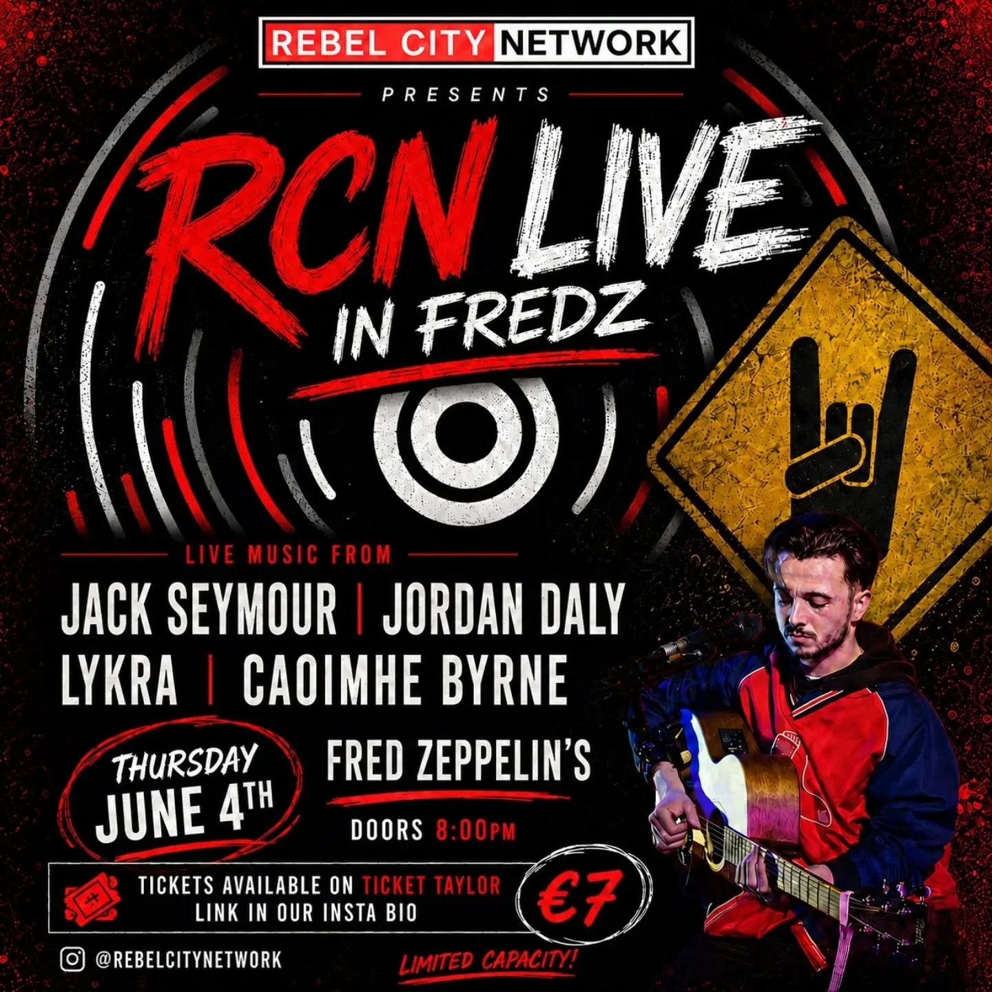 We go again! 🎸🔥

Join us on Thursday June 4th as RCN Live returns to Fred Zeppelin&rsquo;s for the best local original live music ⚡️🍻

Featuring:
🎤 Jack Seymour
🎤 Jordan Daly
🎤 Lykra
🎤 Caoimhe Byrne

📍 Fred Zeppelin&rsquo;s
🕗 Doors 8PM
🎟 Ti
