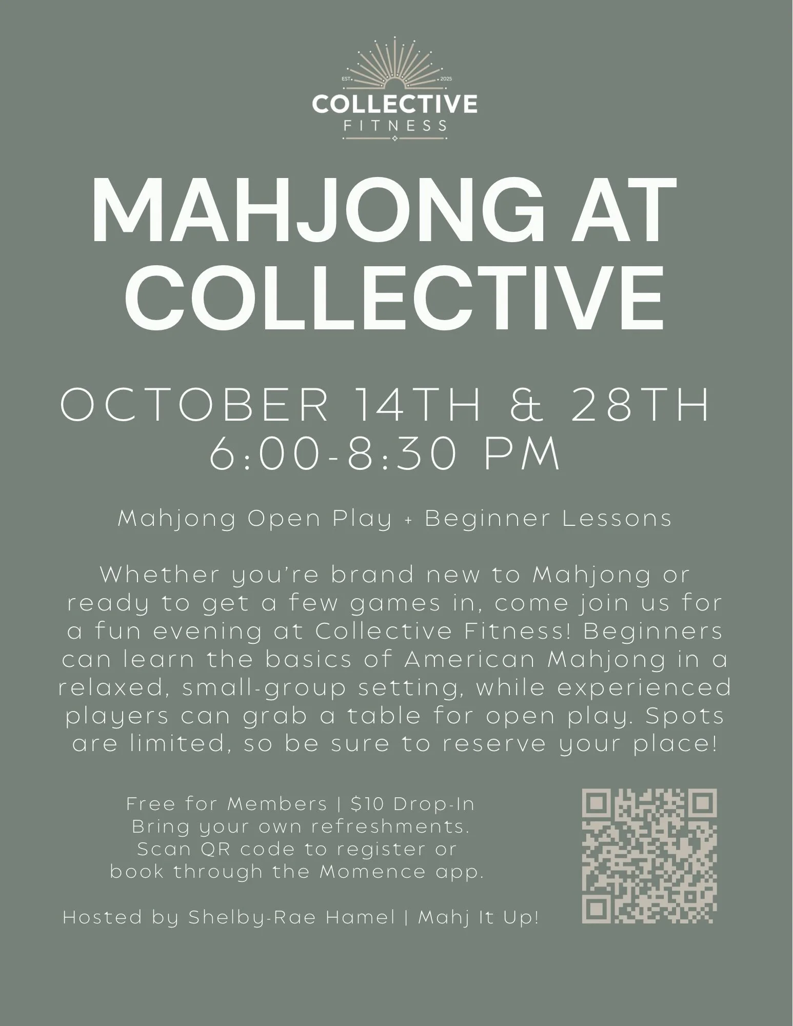 Event flyer for Mahjong at Collective Fitness, scheduled for October 14th and 28th from 6:00 to 8:30 PM. Includes details about beginner lessons, registration instructions via QR code, and hosted by Shelby-Rae Hamel.