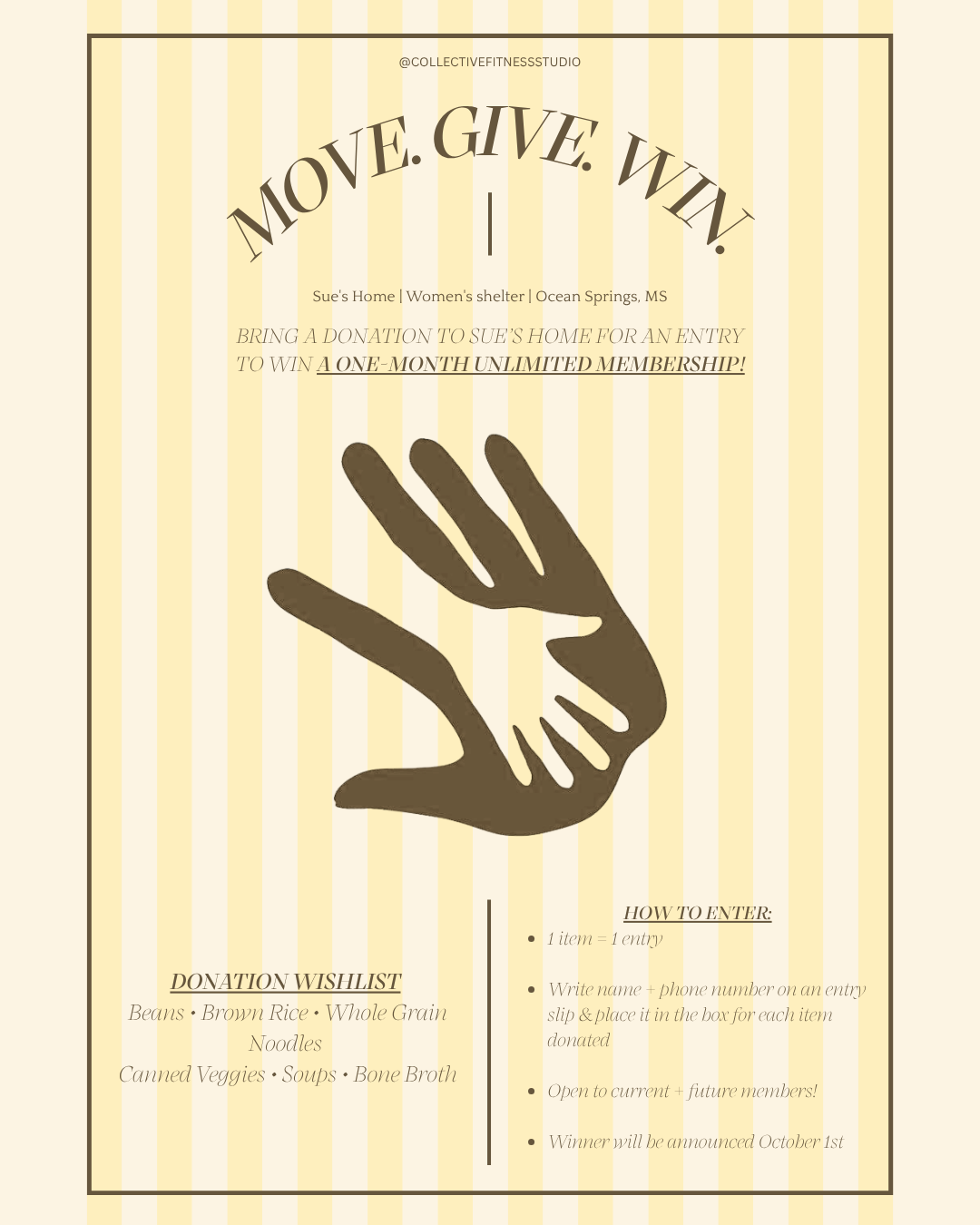 Flyer with the headline 'MOVE. GIVE. WIN.' promoting a donation drive at Sue's Home, a women's shelter in Ocean Springs, Mississippi, featuring a silhouette of a hand and details on how to donate