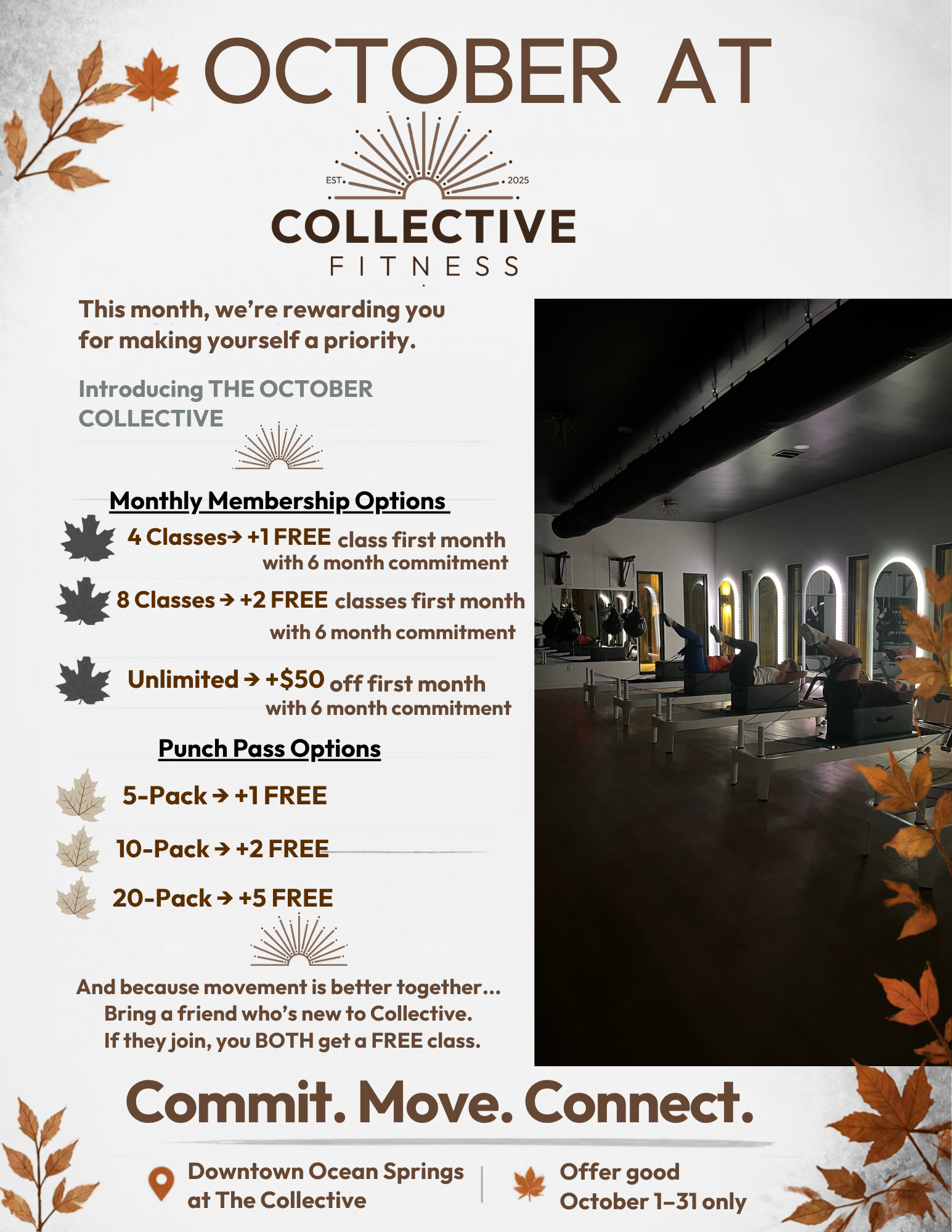 A promotional flyer for October at Collective Fitness. It features fall leaves as decoration, and information about membership options including classes and punch passes, with a background photo of people exercising in a fitness studio. The flyer highlights special offers and encourages bringing friends to join.