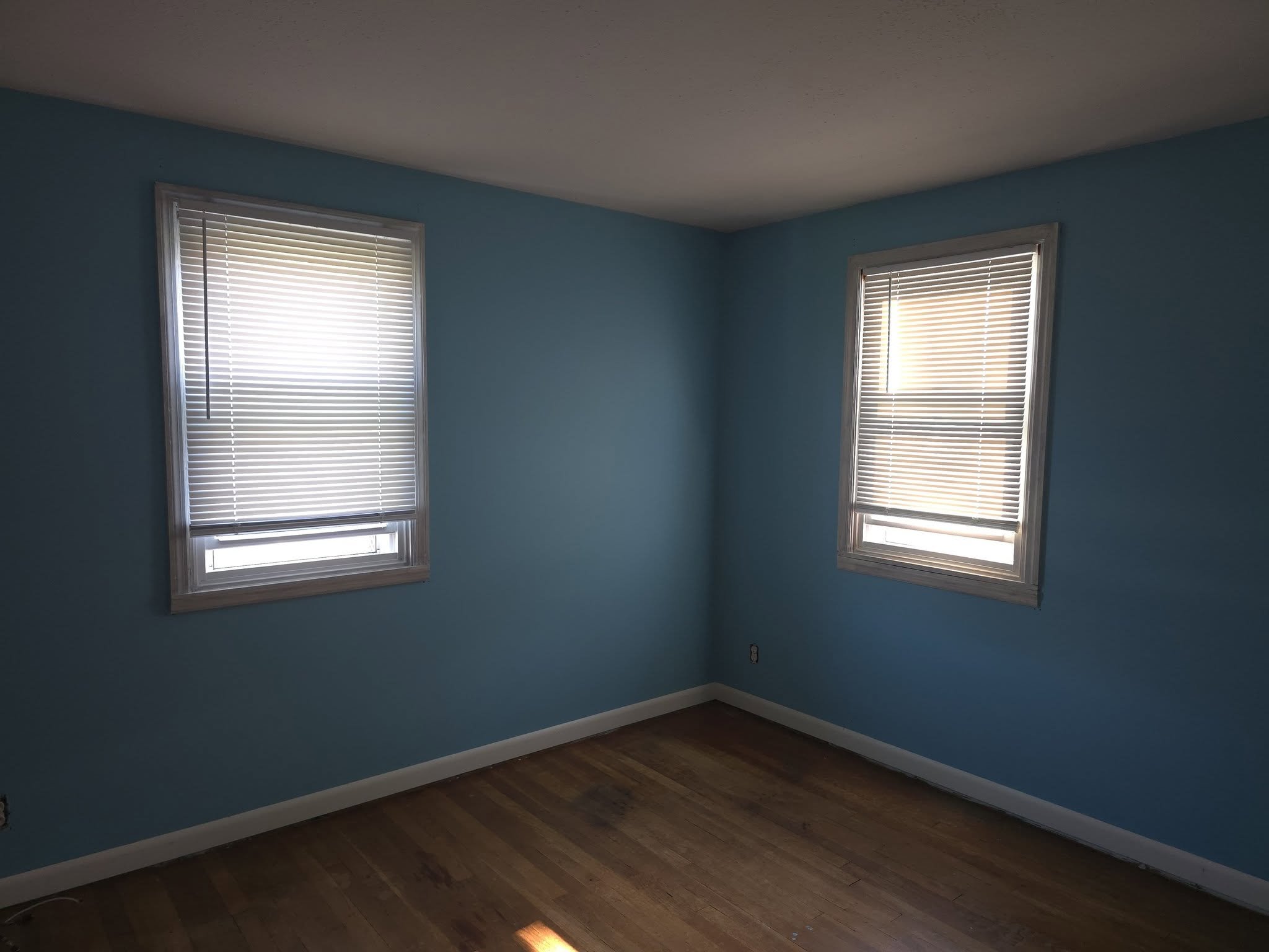 Empty room with two windows with closed blinds, blue walls, wooden floor, and white trim.