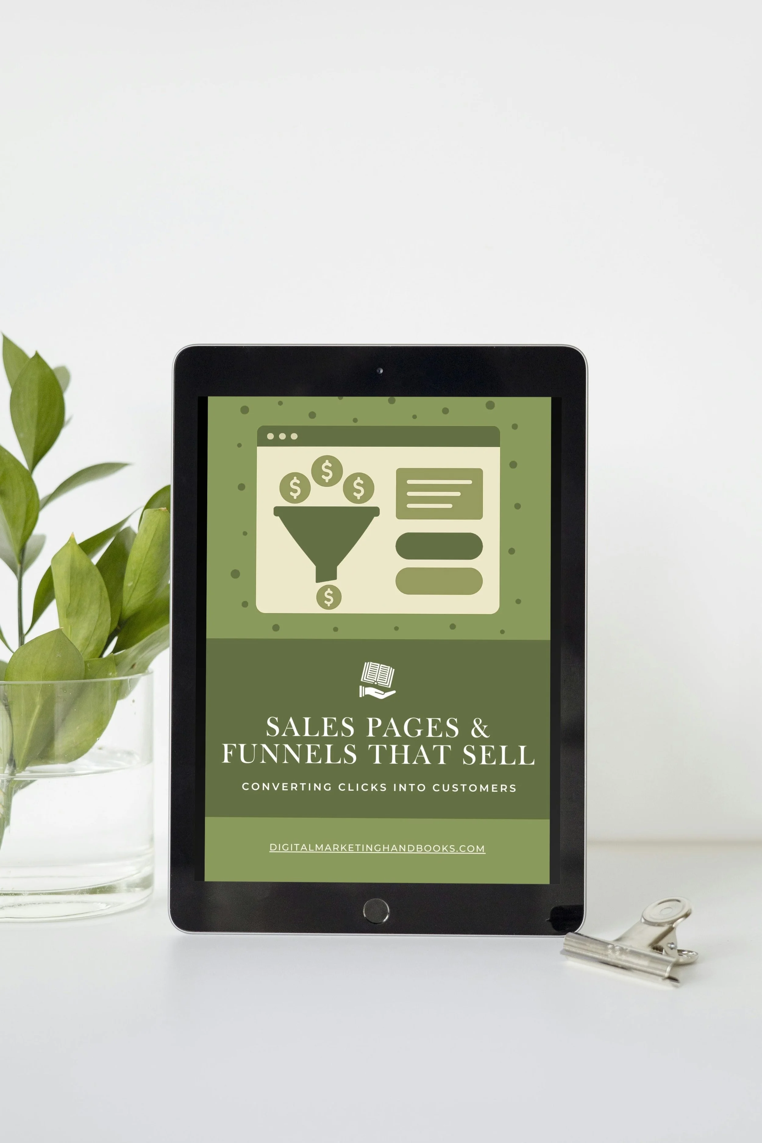 Tablet with cover of Sales Pages & Funnels That Sell