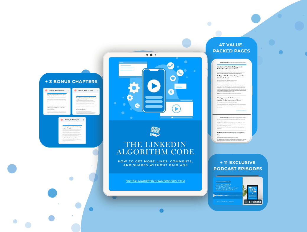 Graphic promoting a digital marketing book titled "The LinkedIn Algorithm Code" with information about bonus chapters, podcast episodes, and value-packed pages, featuring illustrations of tablets and smartphones.