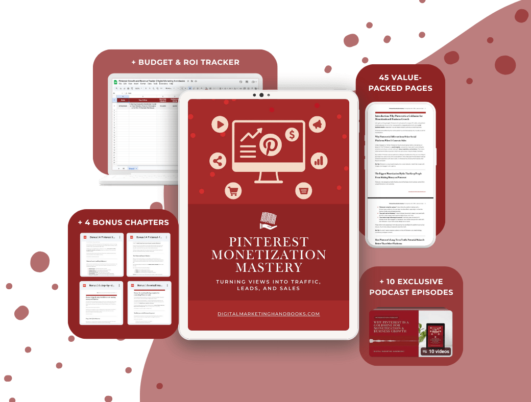 Marketing product cover for Pinterest Monetization Mastery showing a central tablet with the title, surrounded by images of screens and pages describing the course features like chapters, podcast episodes, and a tracker's spreadsheet.