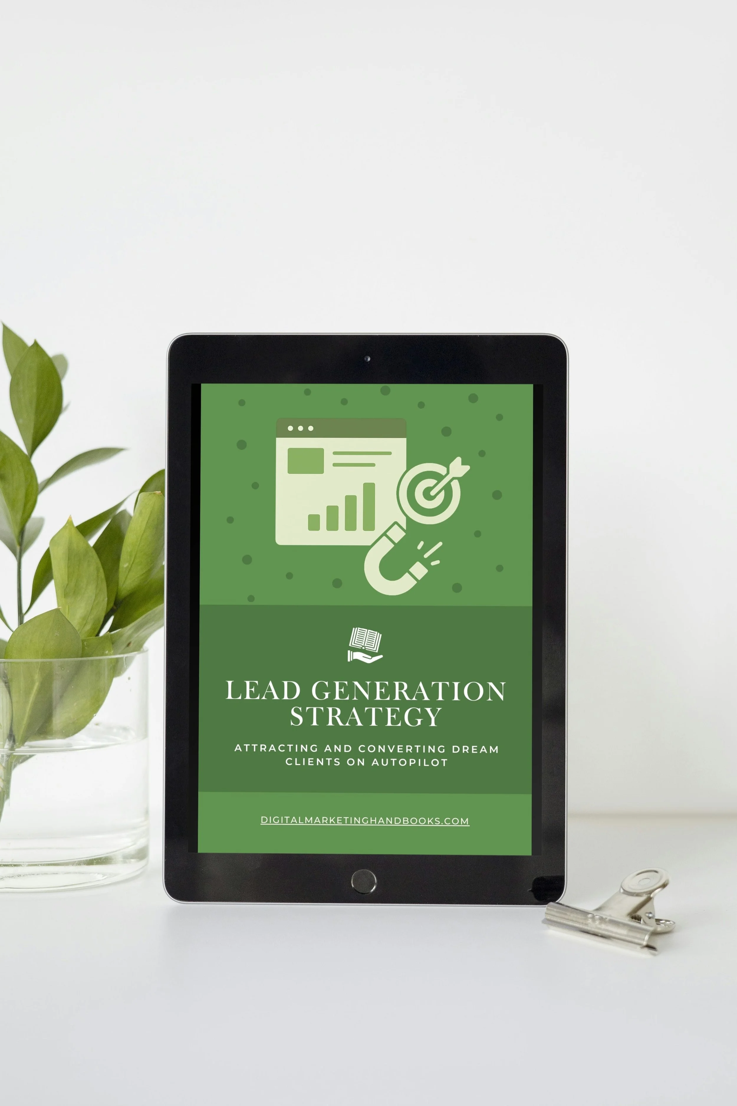 Tablet with cover of Lead Generation Strategy