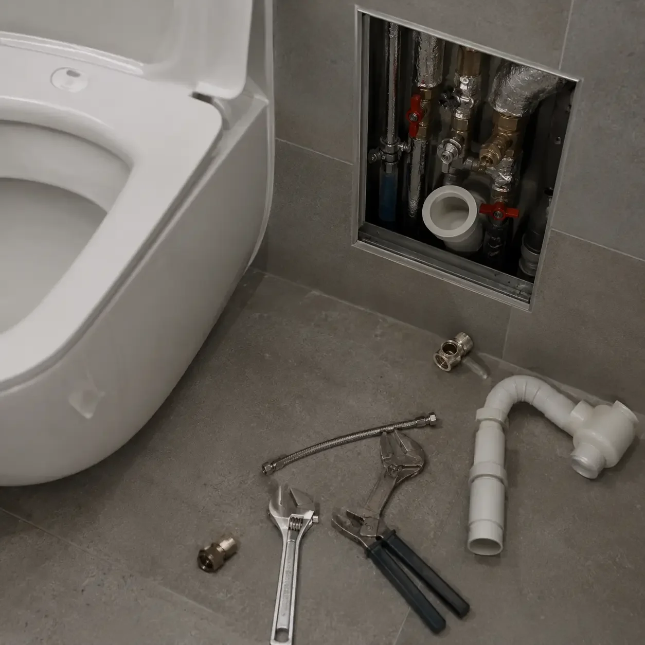 Bathroom floor with plumbing tools and pipes, toilet on left, access panel open showing plumbing fixtures.
