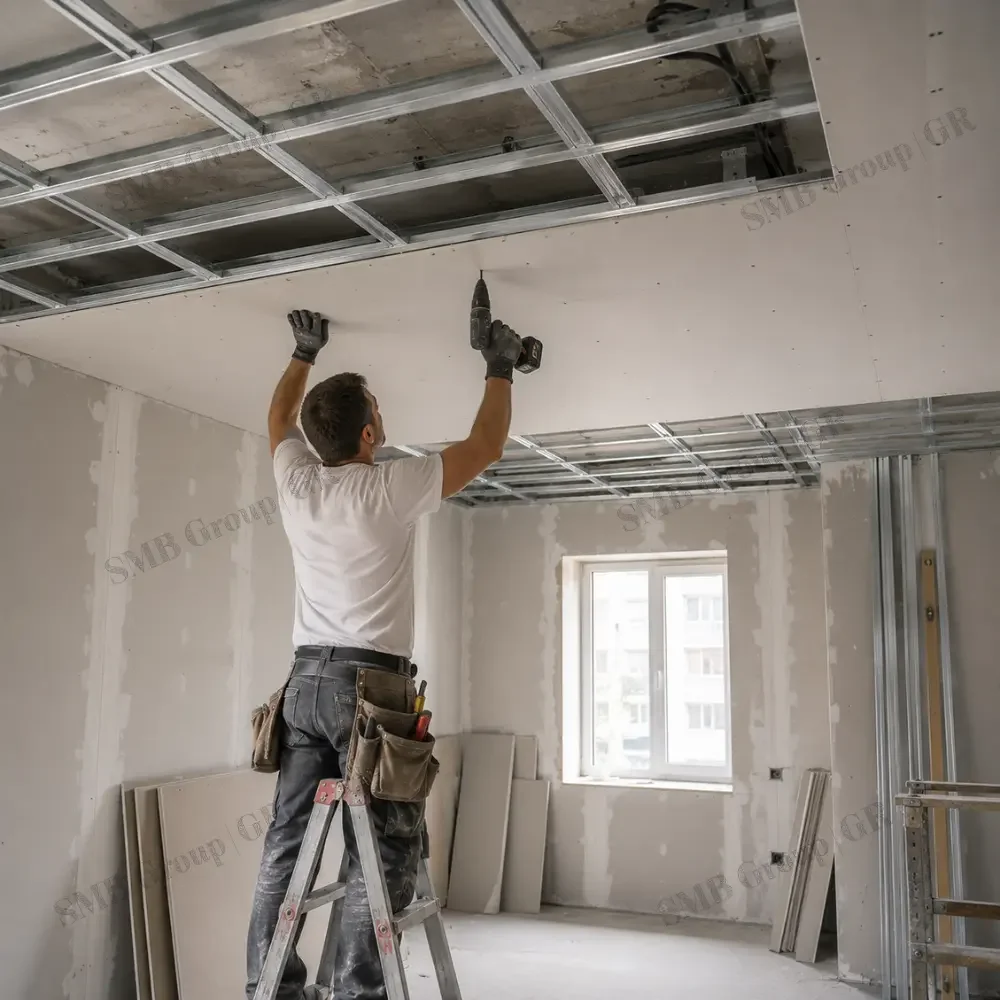 A man standing on a ladder installing drywall on a ceiling in a construction site. The room has unfinished walls, a window, and metal framing visible for the ceiling.