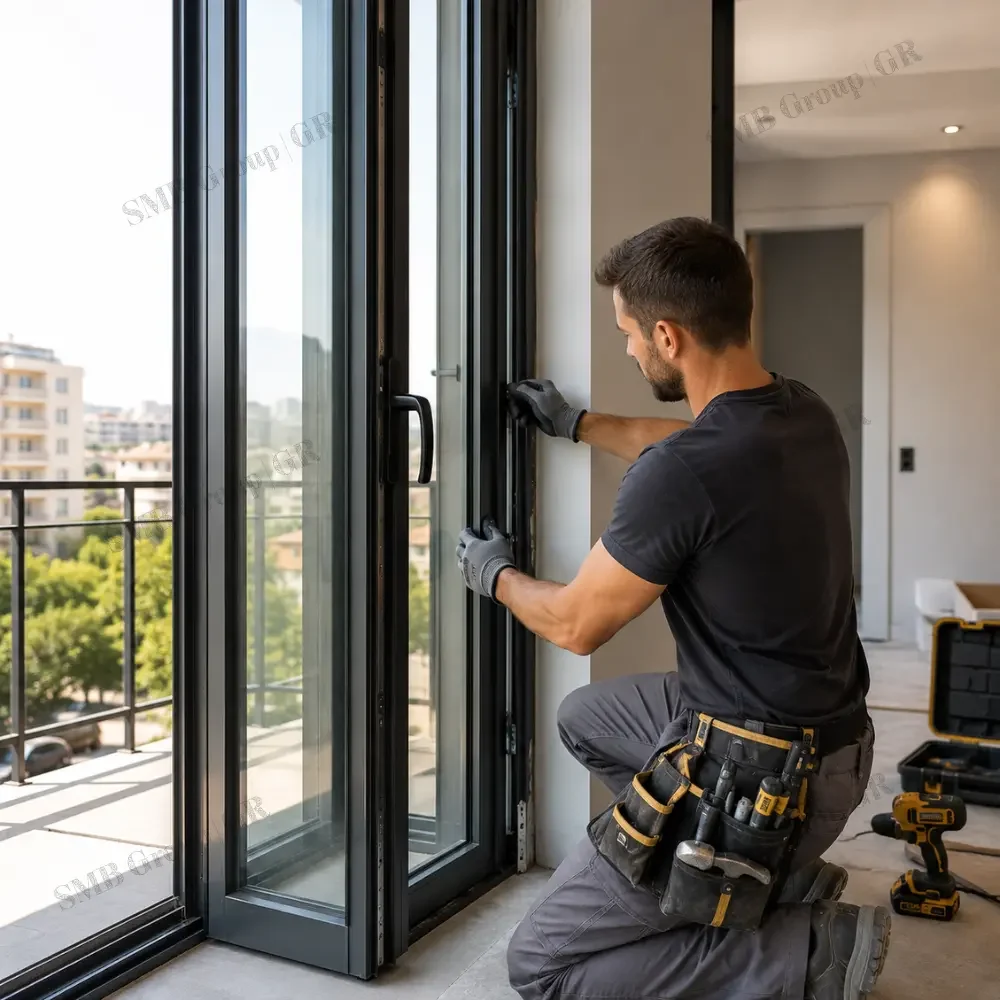 A man installing a sliding glass door in a modern apartment, kneeling on the floor with tools in a tool belt.