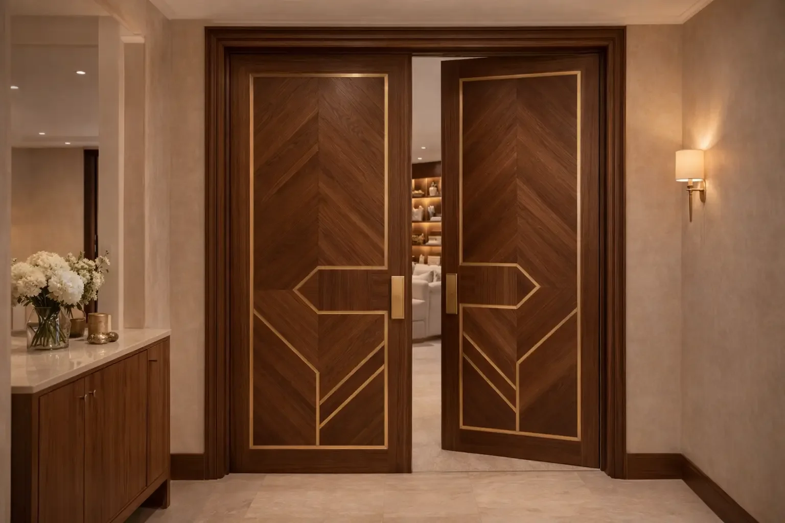 Wooden sliding doors with gold geometric accents leading to a living room with shelves and a couch, beige walls, a wall sconce, and a console table with flowers and decor.