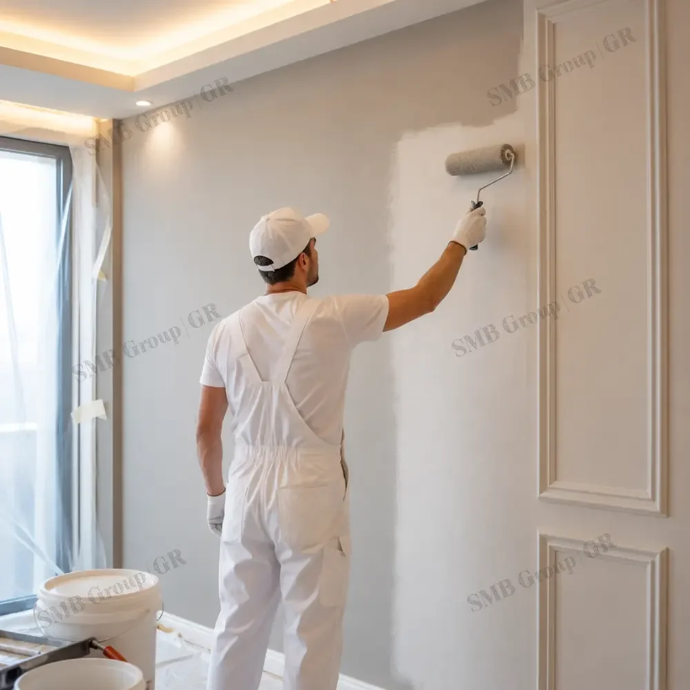A person wearing white overalls and a white cap painting a wall with a roller brush in a room with a large window and a decorative panel.