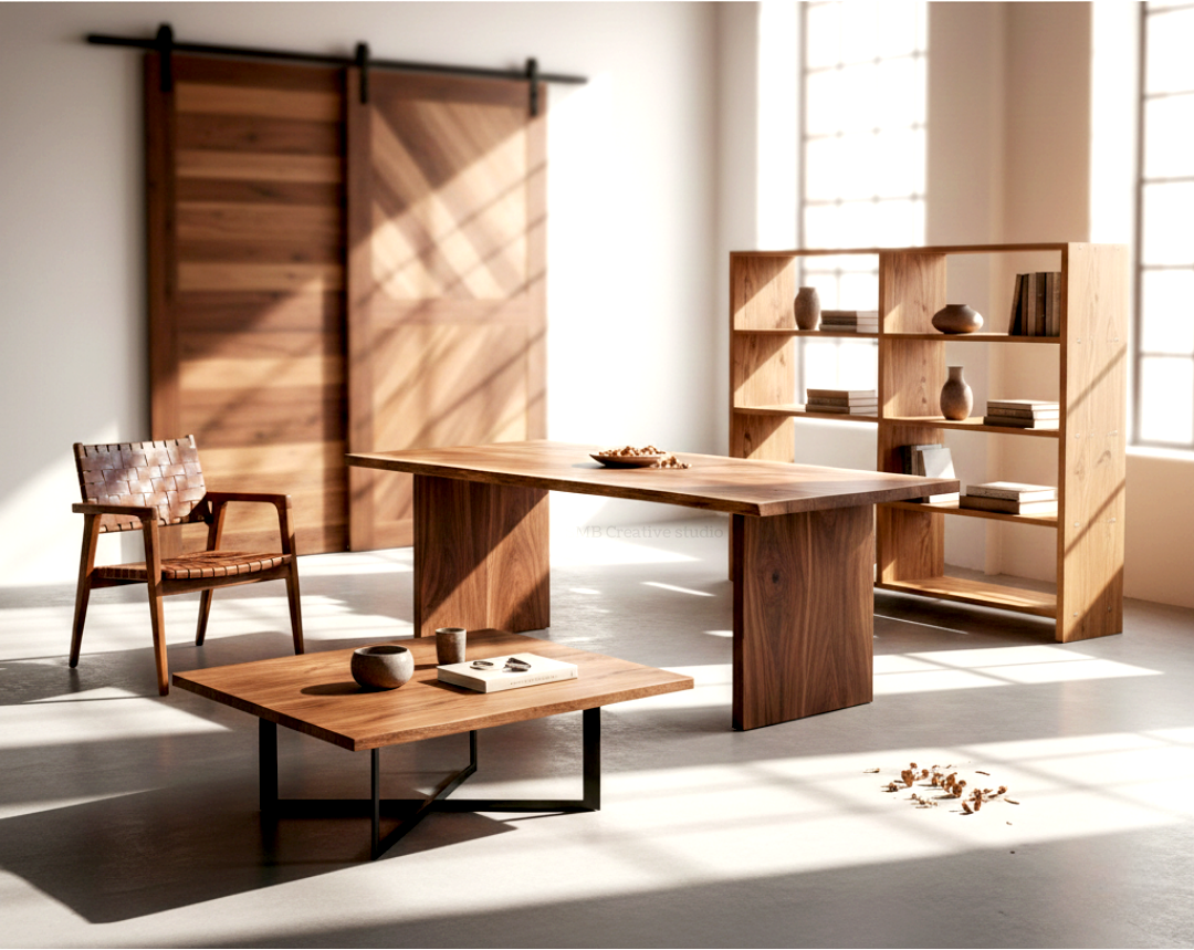Interior of a well-lit room with wooden furniture, including a large table, a smaller side table with decorative objects, a wooden bookcase with books and vases, a woven leather chair, and a sliding wooden door in the background.