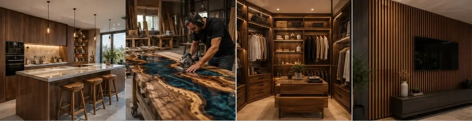 Collage of four images: the first shows a modern kitchen with wooden cabinets, an island with a marble countertop, and barstools. The second depicts a man cutting a large slab of wood on a workshop table. The third photo features a walk-in closet with wooden shelves and clothing. The fourth displays a living room with wooden wall panels, a TV mounted on the wall, and a black console table with decorative items.