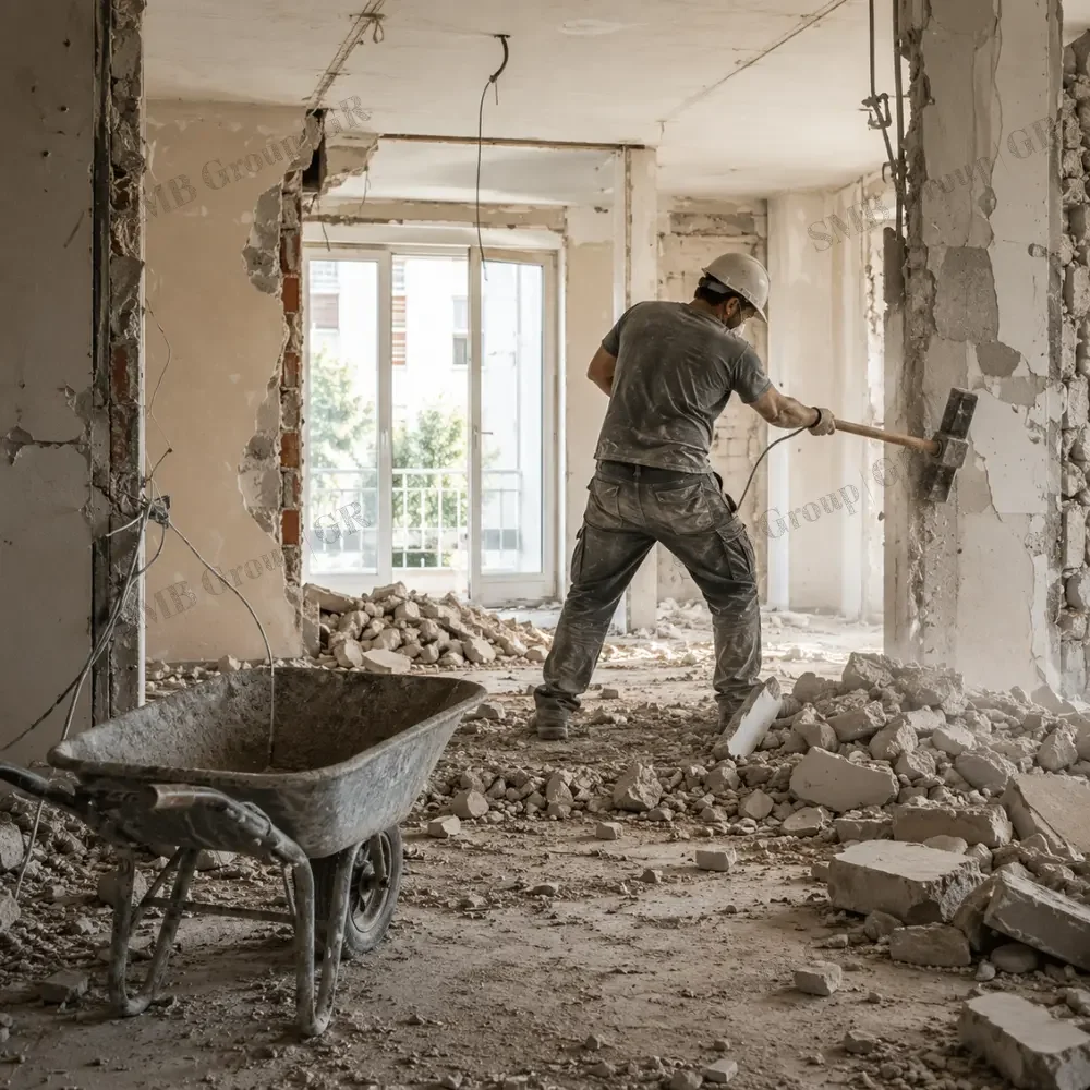 Construction worker demolishing interior wall with a sledgehammer inside an unfinished building, with debris and a wheelbarrow in the foreground.