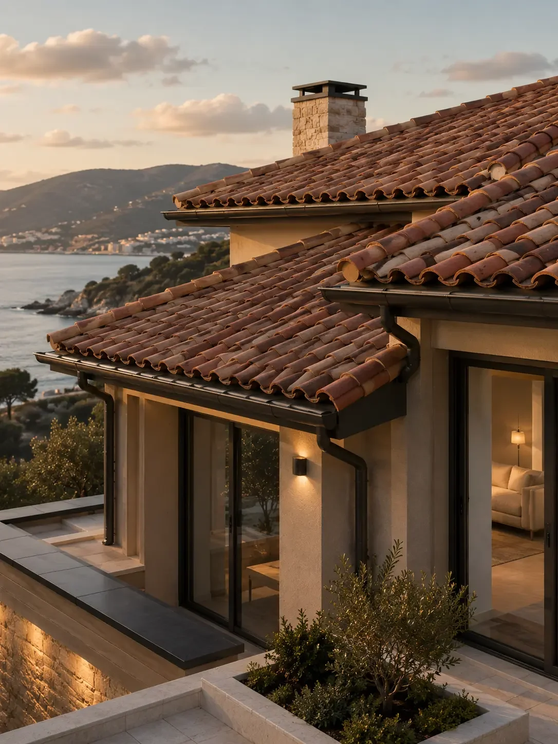 A house with a terracotta tile roof, large glass sliding doors, and a chimney, overlooking a scenic landscape with a body of water and distant hills at sunset.