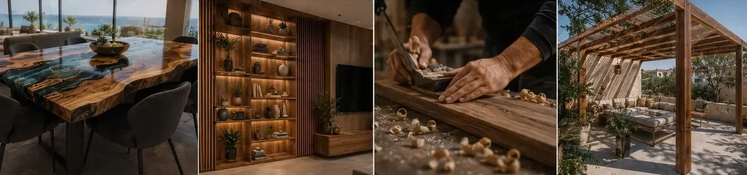 A collage of four images: a modern dining room with a large wood table and black chairs, a wooden bookshelf with decorative items and plants, hands carving or shaping a piece of wood with wood shavings, and an outdoor patio with wooden pergola, outdoor furniture, and trees.