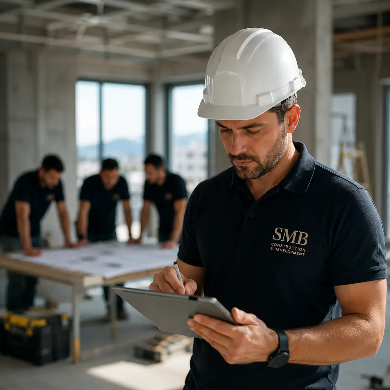 A construction supervisor wearing a white safety helmet and a polo shirt with 'SMB Construction & Development' is holding a clipboard and taking notes at a building site. In the background, three workers are gathered around a table with blueprints, inside an unfinished building with large windows.