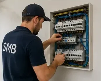 Electrician working on an electrical panel with wires and circuit breakers