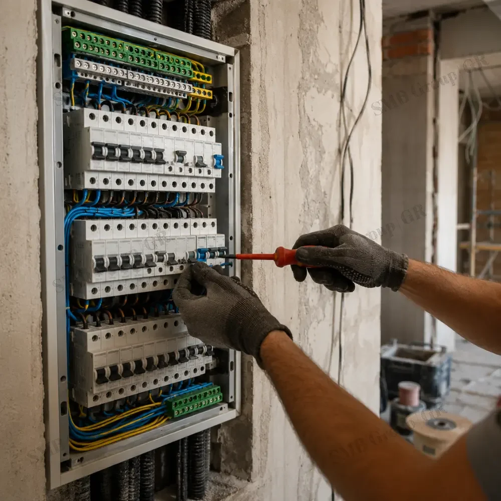Electrician installing or repairing electrical wiring inside an electrical panel with a screwdriver.