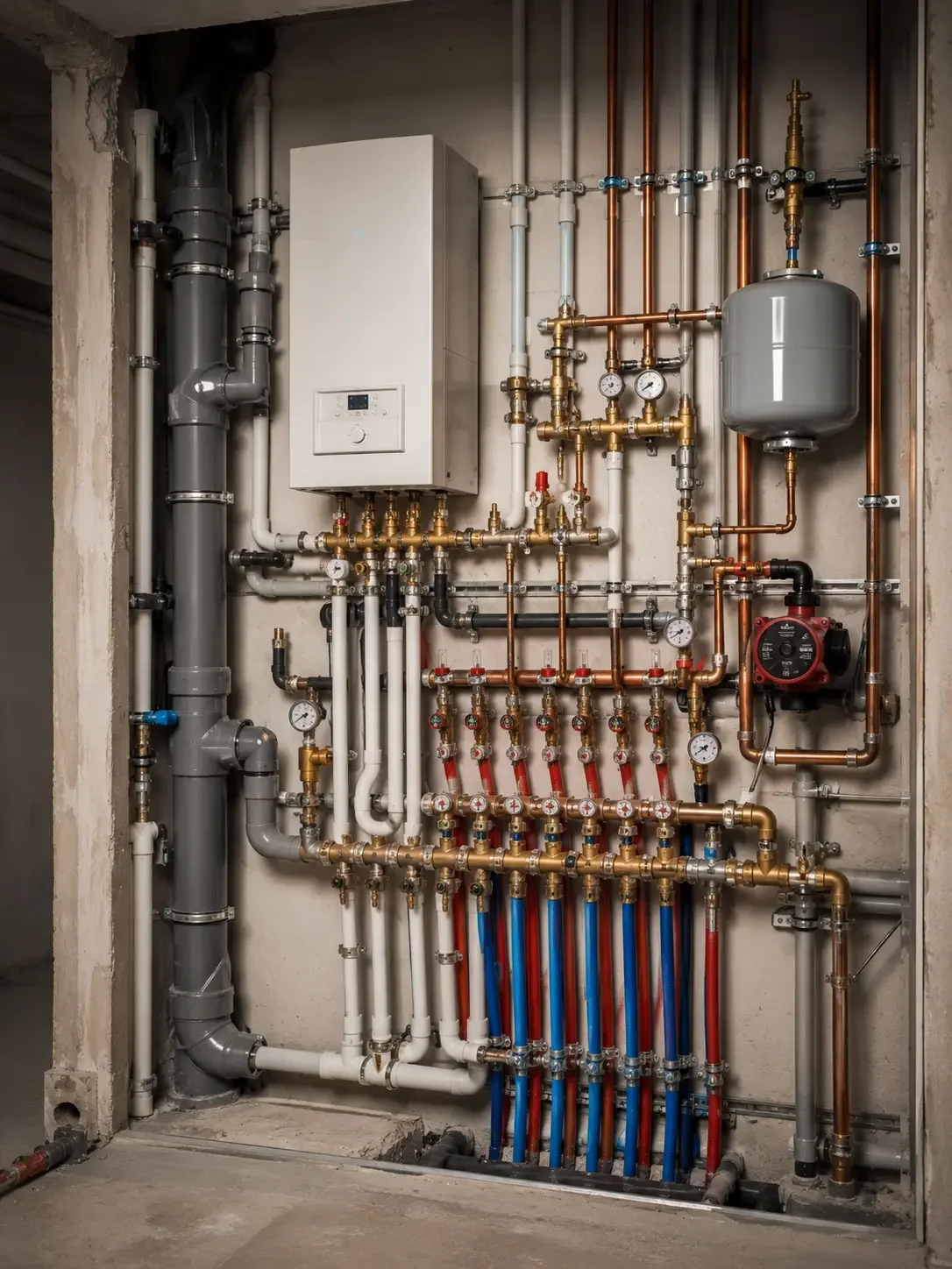 Indoor plumbing system with pipes, gauges, valves, and a water heater.