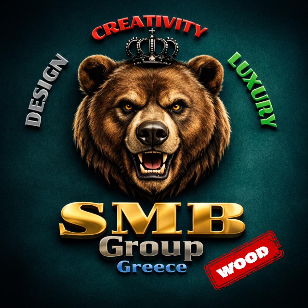 A fierce bear with an open mouth. The bear has a crown on its head. Surrounding the bear are the words 'Creativity' in red, 'Design' in gray, and 'Luxury' in green. Below the bear are the words 'SMB Group Greece' in gold, black, and blue. A red stamp with the word 'WOOD' is in the bottom right corner.