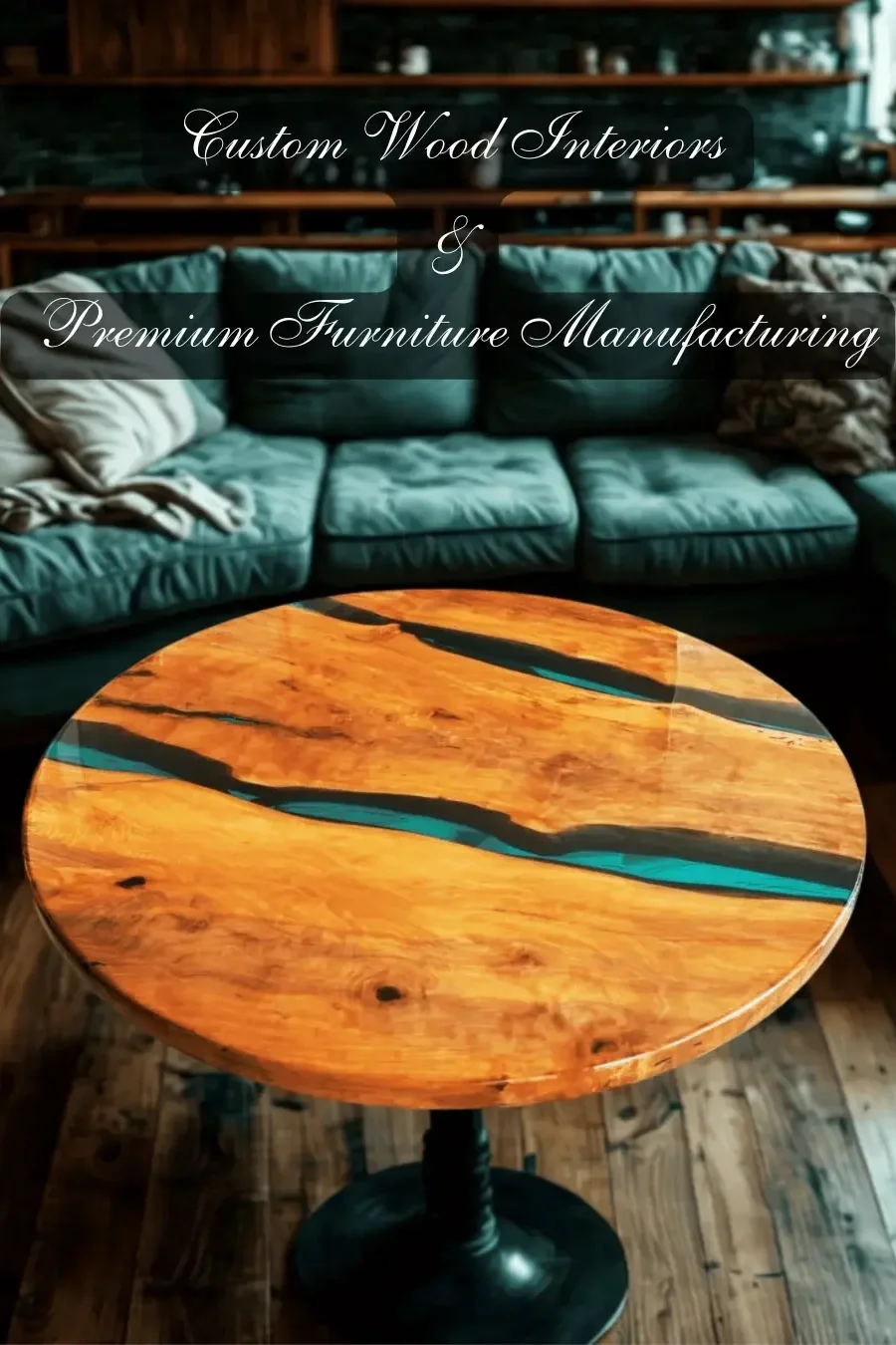 A round wooden table with a natural finish and blue resin inlays, positioned in front of a teal cushioned sofa in a living room with dark wood accents and shelving in the background.