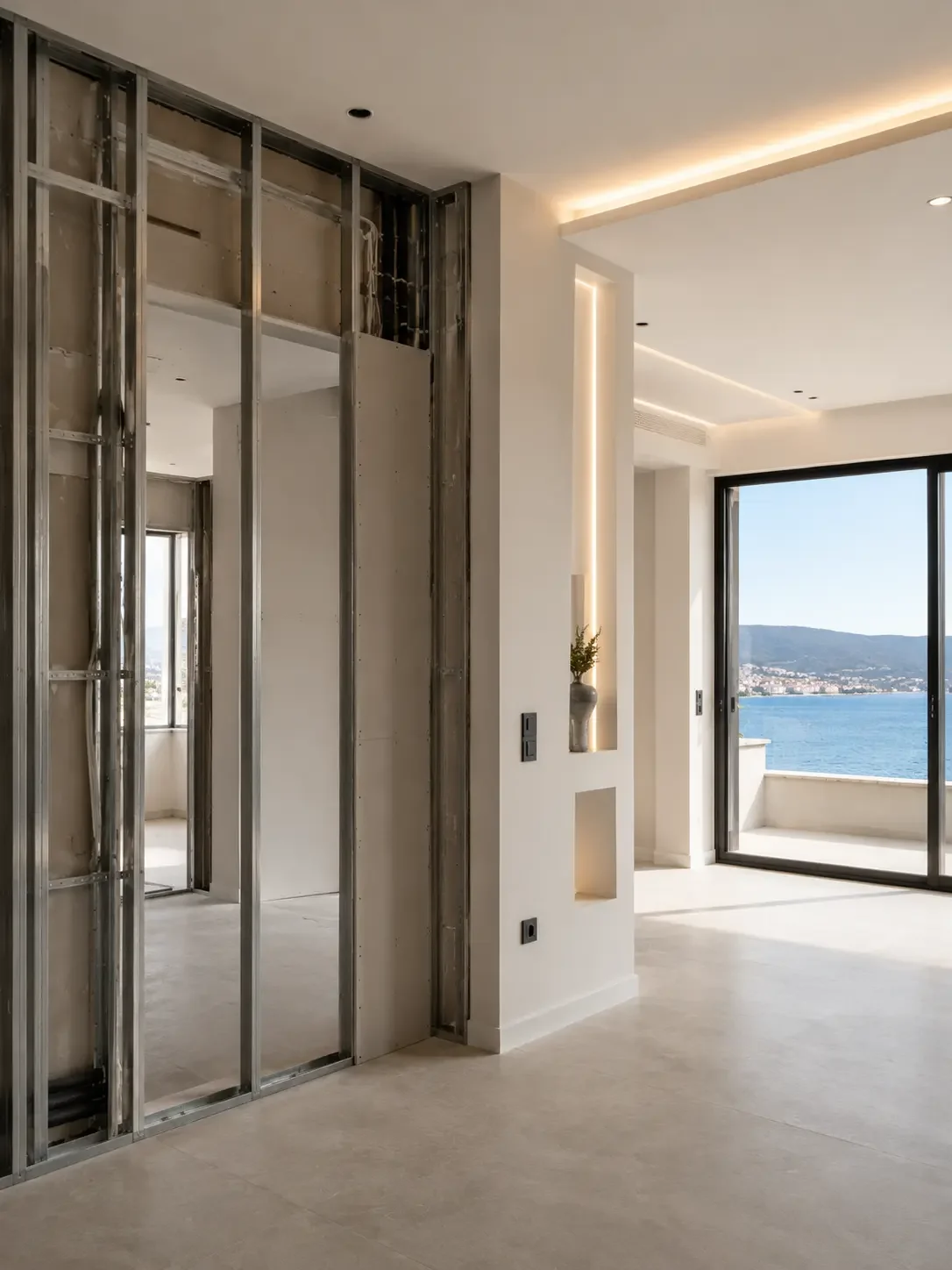 Interior of a modern apartment under construction with exposed metal studs, white walls, and large sliding glass doors overlooking water and mountains.