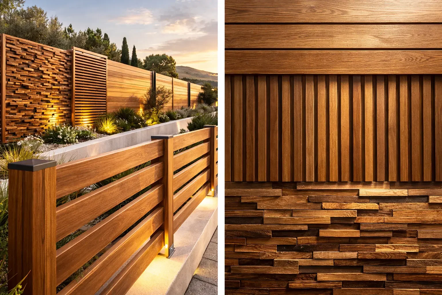 Side-by-side images of wooden fences and wall panels, outdoor landscape with a new wooden fence at sunset, and close-up of inner wooden wall textures with horizontal and stacked wood patterns.