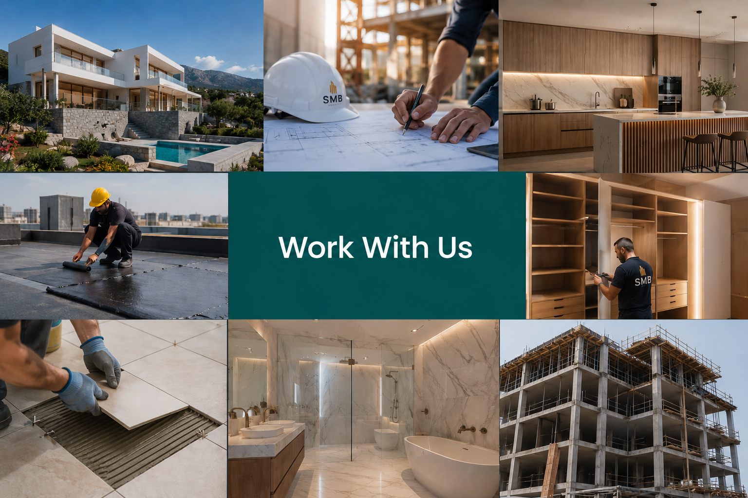 A collage of images depicting architecture, construction, and interior design work, with a central text overlay saying 'Work With Us'.