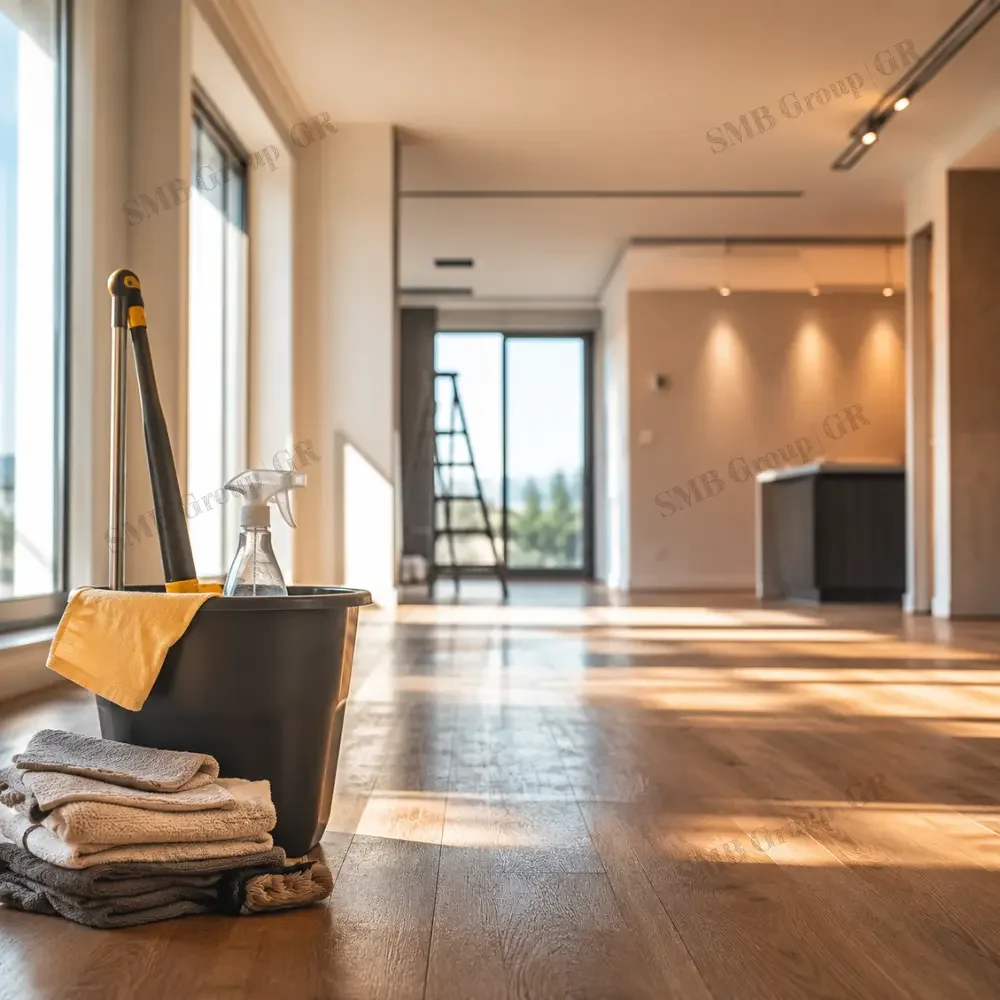 Empty living space with cleaning supplies, towels, and a bucket in the foreground, sunlight streaming through large windows, with a ladder and sliding glass door in the background.