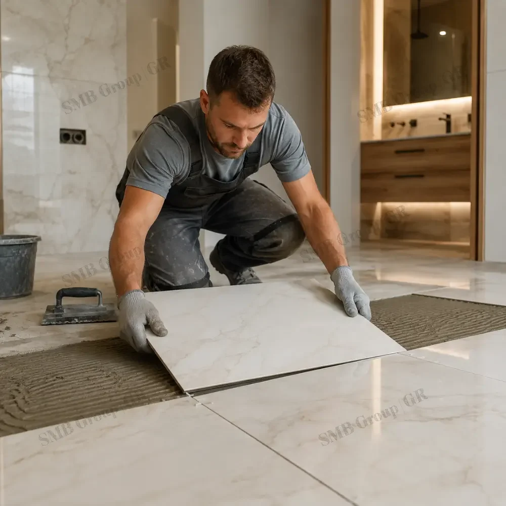 A man installing marble floor tiles in a modern home, wearing work gloves and kneeling on the floor.