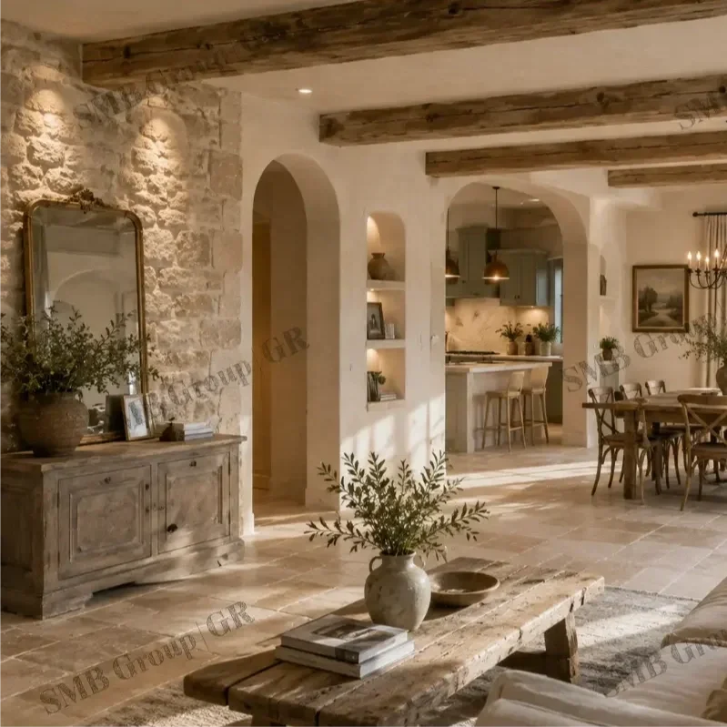 A cozy, rustic living space featuring a stone wall, wooden beams, a wooden console table with a mirror, plants, and a dining area with a chandelier.